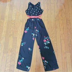 IDANO Floral Wideleg Side Cutout Jumpsuit Black Red Sz 0
